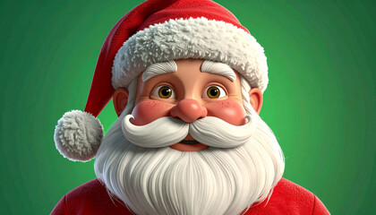 Santa with red hat and fluffy white beard and mustache on green background, 3d illustration