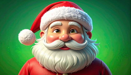 Santa with red hat and fluffy white beard and mustache on green background, 3d illustration