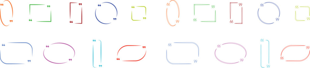 Colorful quote box icon set, collection, and group in flat line style, including multicolor speech bubble frame, quotation border, chat outline, dialogue shape, and modern text message template vector