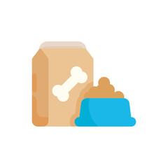 Flat Vet Icon Representing Pet Food With A Bone Symbol On A Bag Next To A Blue Bowl Filled With Kibble Isolated On White Background Studio Shot