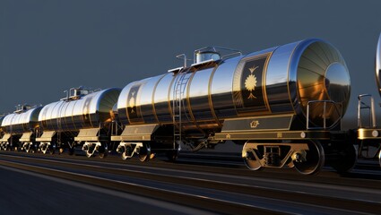 Shiny freight tanker train cars on track at speed under clear sky