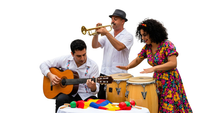 Street musicians performing during Hispanic Day celebrations, people,