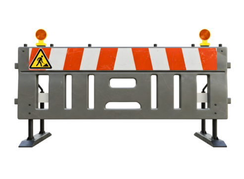 White and orange construction barrier with lights isolated on transparent background