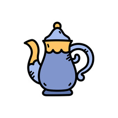 A Hand Drawn Blue Teapot with Orange Accents on a Transparent Background Simple Doodle Art Style