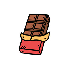 A Hand Drawn Chocolate Bar Treat with Red Wrapper and Yellow Ribbon on a White Background
