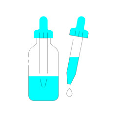 Cyan liquid dropper bottle with liquid droplet falling from pipette tip on transparent background illustration