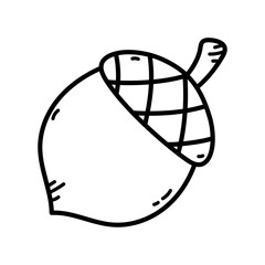A hand-drawn doodle of an acorn with a striped cap on a transparent background for fall and Thanksgiving themes
