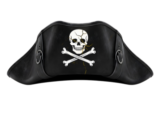 Brown pirate hat with skull and crossbones and red feather isolated on transparent background