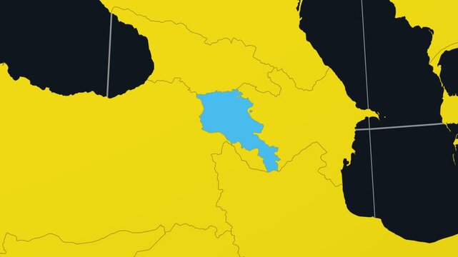 Armenia map. Animated zoom into the country on the Globe in Charcoal Bright Yellow color palette. Country logo animation. Map with meridians, parallels. Modern video.