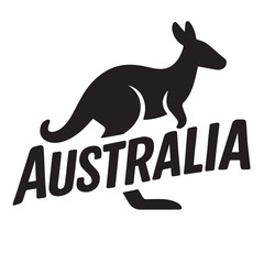 Bold black silhouette illustration of a kangaroo above Australia text, symbolizing wildlife, nature and culture. Perfect for logos, posters, prints and patriotic branding projects.