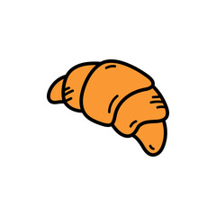 A golden brown croissant with a flaky texture and curved shape depicted with black outlines on a...