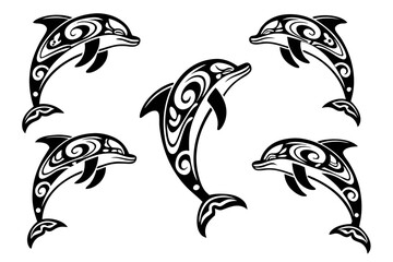 Tribal dolphin tattoo icon set with minimalist design