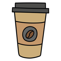 Hand-drawn cartoon paper cup of coffee with lid on a white background.