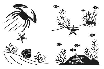 Minimalist underwater scene icon set with sea urchins