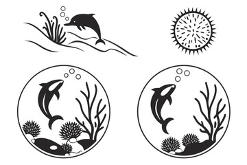 Minimalist underwater scene icons set with sea urchins