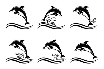 Dolphin jumping over waves icon set in black yellow cyan magenta