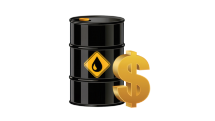 Glossy black oil barrel with a yellow diamond symbol and golden dollar sign isolated on transparent background