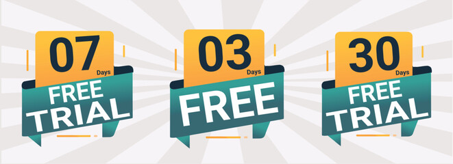 Colorful banners advertise free trial periods of seven three and thirty days