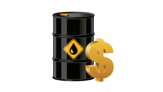 Glossy black oil barrel with a yellow diamond symbol and golden dollar sign isolated on transparent background