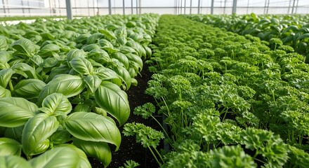 Rows of fresh basil and parsley growing in a large greenhouse
