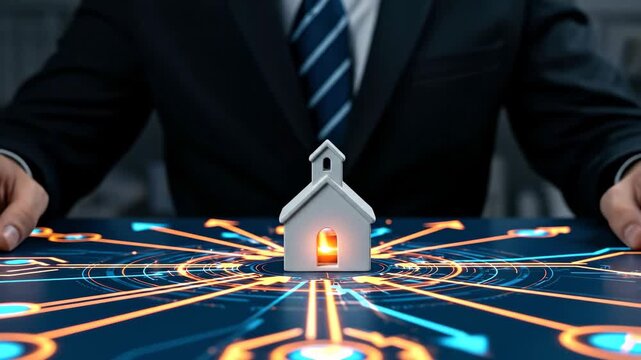 Man gestures hands around church model on digital network, connecting faith with technology for modern Christian outreach footage.