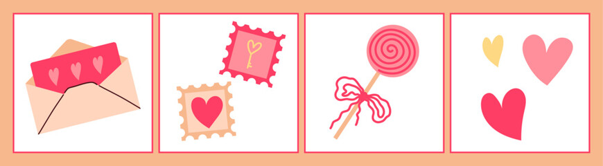 Valentine’s Day Cards Set. Love Letters, Envelope, Lollipop, Post Stamps and Hearts. Love Poster. Vector Illustrations