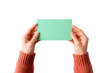 Hands holding a blank green rectangular card isolated on transparent background