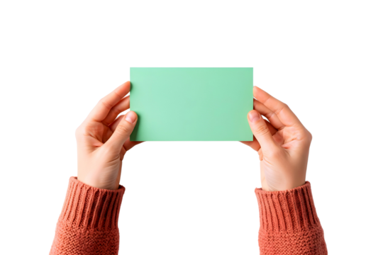 Hands holding a blank green rectangular card isolated on transparent background