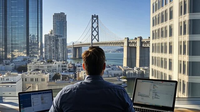 Man working at a window with city view, overlooking the Bay Bridge.  Possible use Business, lifestyle, work