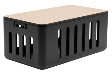 Modern black cable organizer box with a wooden-style top cover isolated with transparent background