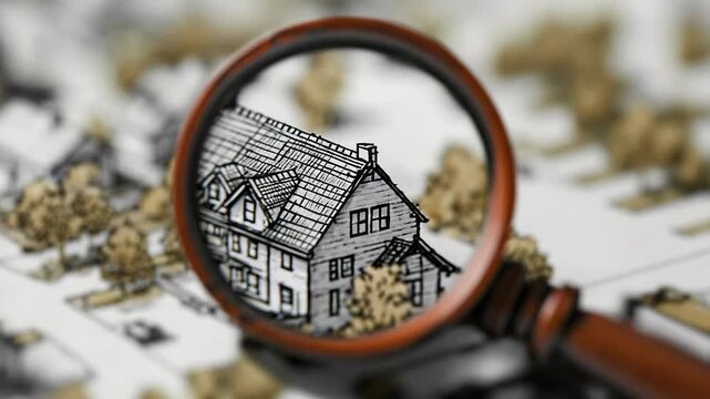 Magnifying glass finding house on real estate map