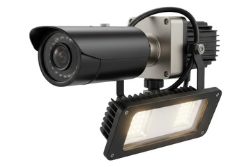 Industrial security camera and powerful LED floodlight unit isolated with transparent background