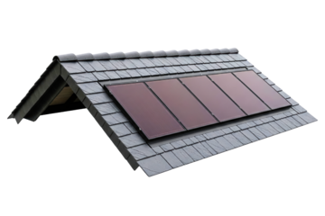 Modern photovoltaic solar panels integrated into a dark roof isolated with transparent background
