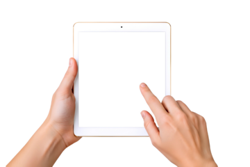 Person holding a white tablet computer with a blank screen in their hands isolated on transparent background