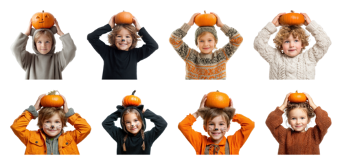 PNG Children holding pumpkins joyfully, element set on transparent background