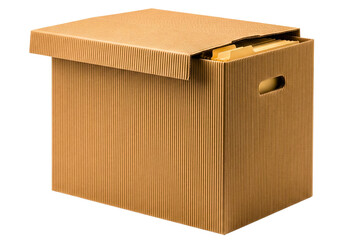 Corrugated cardboard archive box filled with office file folders isolated with transparent background