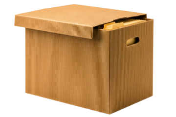 Corrugated cardboard archive box filled with office file folders isolated with transparent background