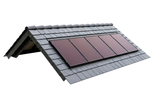 Modern photovoltaic solar panels integrated into a dark roof isolated with transparent background