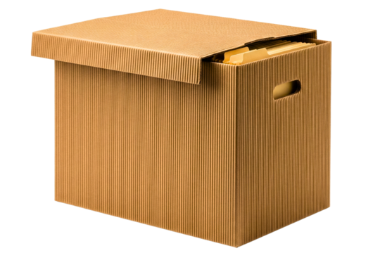 Corrugated cardboard archive box filled with office file folders isolated with transparent background