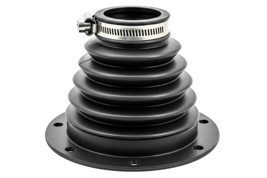 Black rubber flexible bellows dust boot with a metal hose clamp isolated with transparent background