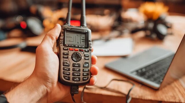 Medium shot of a technician holding a handheld voice stress analysis device while analyzing stress indicators from a debtors phone conversation.