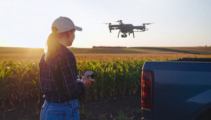 A female farmer in a cap and plaid shirt stands in the back of a pickup truck piloting a black survey drone.