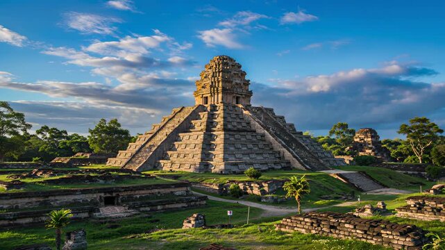 Timelapse of the temple of Kukulcan (El Castillo) on the green loan, the center of the archeological site in Chichen Itza, a city built by the Maya people. Clouds float above the temple.