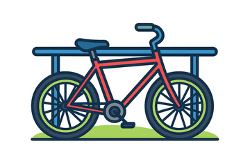 Fototapeta premium Colorful parked bicycle with red frame and blue accents against a bike rack