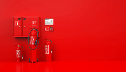 Fire safety equipment with extinguishers, hose cabinet, and evacuation plan on red wall - 3D rendering