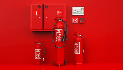 Fire safety equipment with extinguishers, hose cabinet, and evacuation plan on red wall - 3D rendering