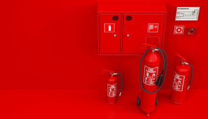 Fire safety equipment with extinguishers, hose cabinet, and evacuation plan on red wall - 3D rendering