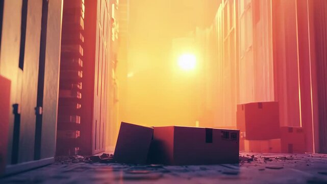 Exploding shipping box breaking falling apart city delivery
