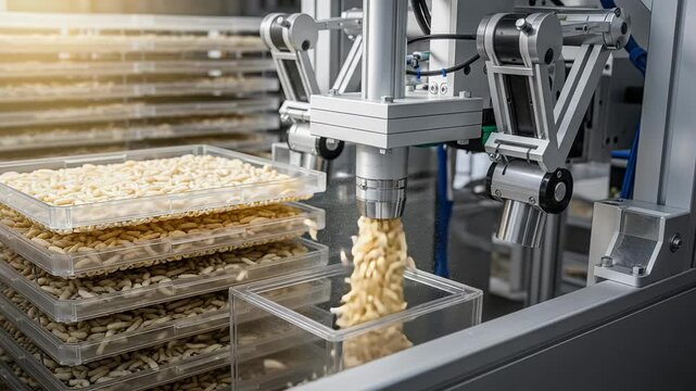 Automated harvesting machine collects insect larvae using a vacuum arm in a food production facility