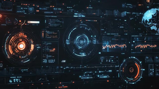 Digital holographic interface displaying data and global network - Powered by Adobe